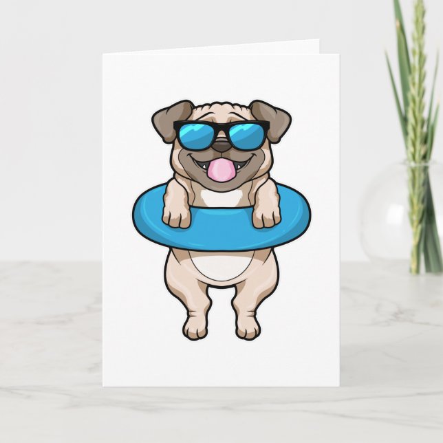 Carte Chien nageant avec un cercle de natation et des lu (Devant)