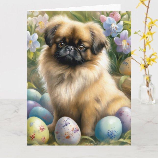 Carte Chien pekingese avec oeufs de Pâques vacances (Fleur jaune)