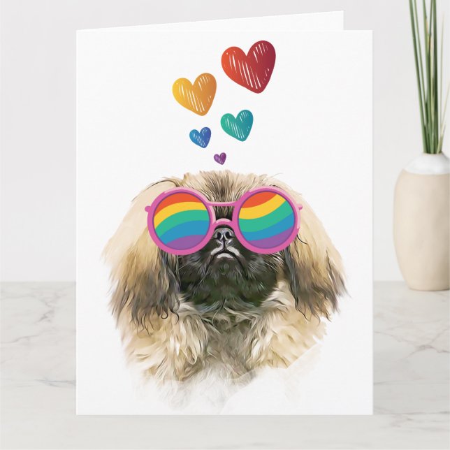 Carte Chien pékinois avec des cœurs pour la Saint-Valent (Devant)