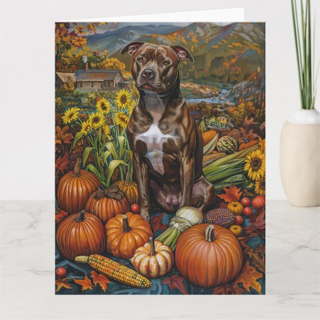 Carte Chien Pitbull Récolte d'automne Action de grâce (Devant)