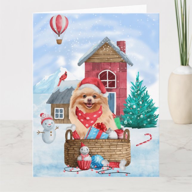 Carte Chien Poméranie Dans Maison De Noël Enneigée (Devant)