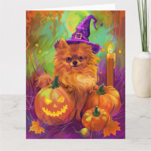 Carte Chien Poméranien éffrayant Halloween sorcière et C