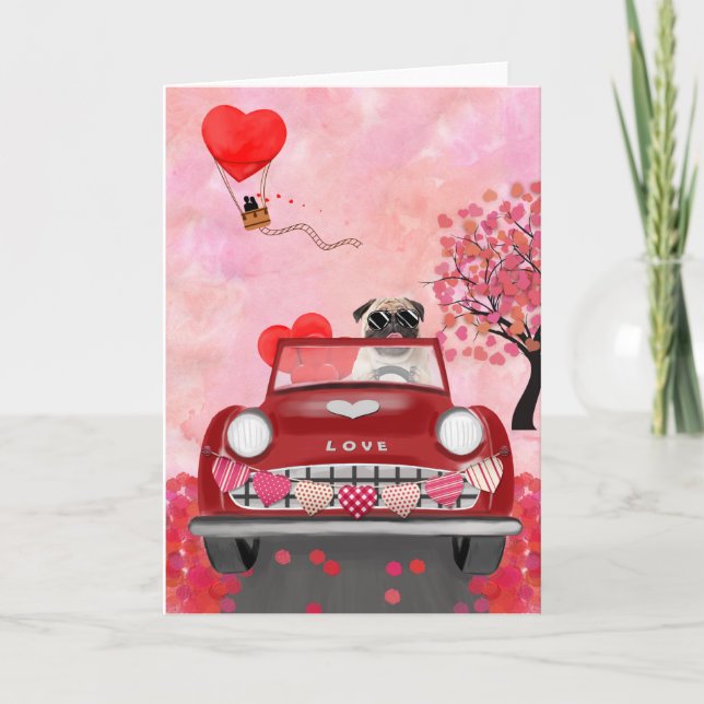 Carte Chien Pug Voiture avec coeurs Saint-Valentin   (Devant)