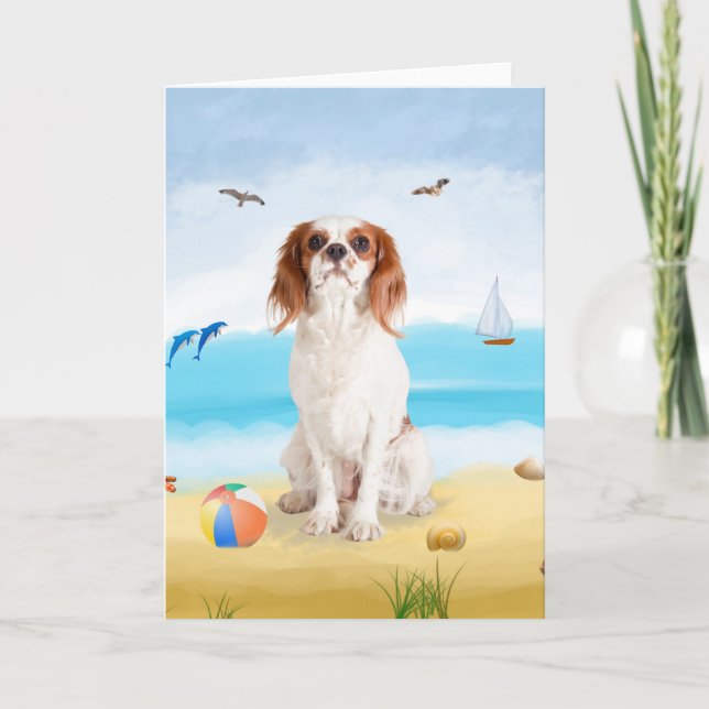 Carte Chien roi cavalier sur la plage (Devant)