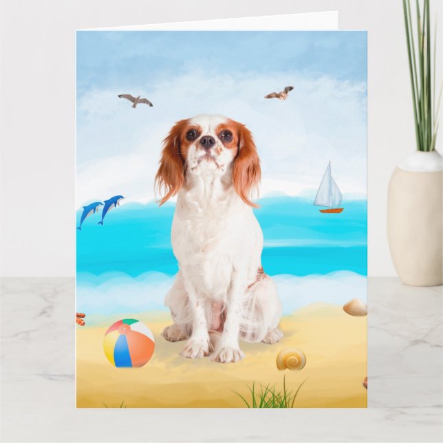 Carte Chien roi cavalier sur la plage (Devant)