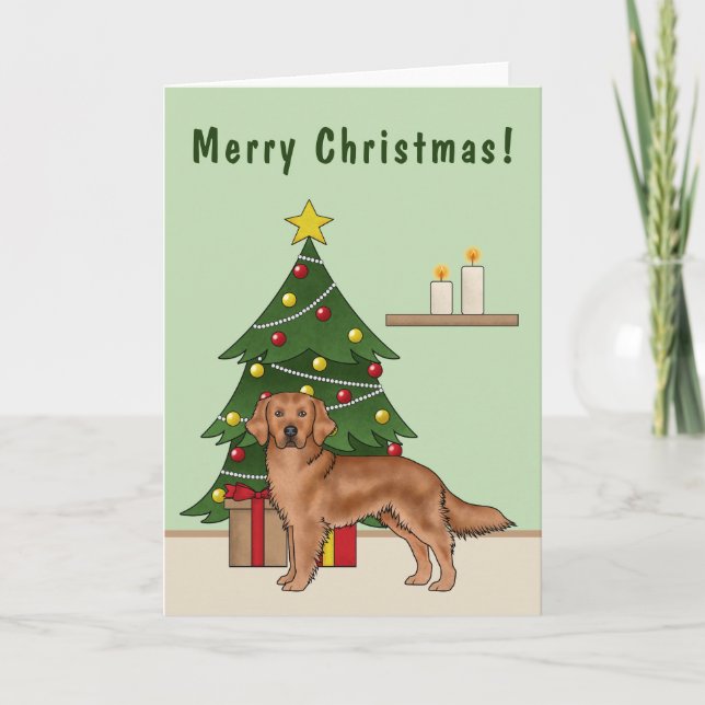 Carte Chien rouge Golden Retriever et arbre de Noël vert (Devant)