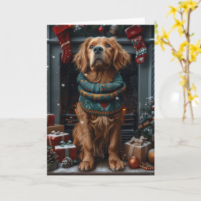 Carte Chien rouge irlandais avec cheminée cadeau de Noël (Fleur jaune)