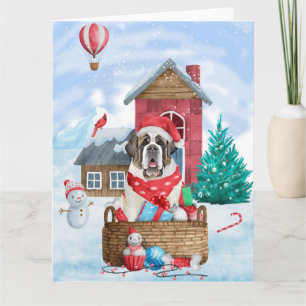 Carte Chien Saint-Bernard dans la maison de Noël enneigé