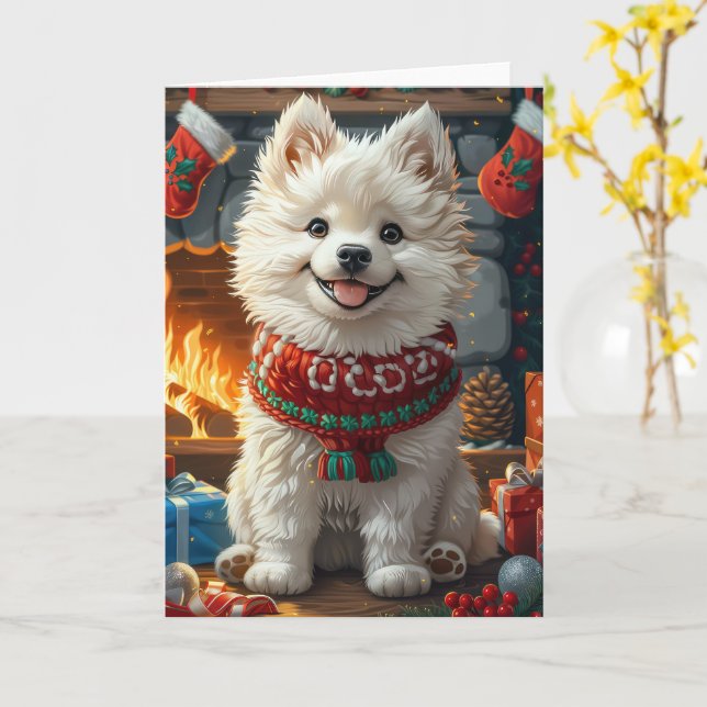 Carte Chien Samoyé Avec Foyer Cadeaux De Noël (Fleur jaune)