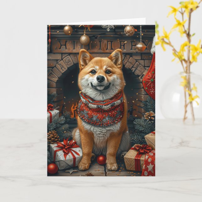 Carte Chien Shiba Inu Avec Cheminée Cadeaux De Noël (Fleur jaune)