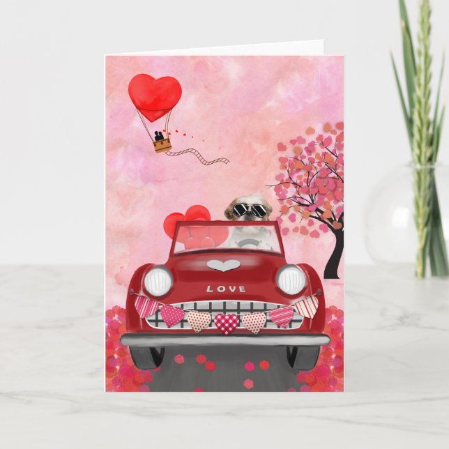 Carte Chien Shih Tzu Voiture avec coeurs Saint-Valentin  (Devant)