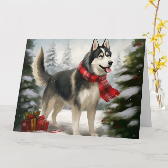 Carte Chien sibérien Husky à Noël de neige (Fleur jaune)