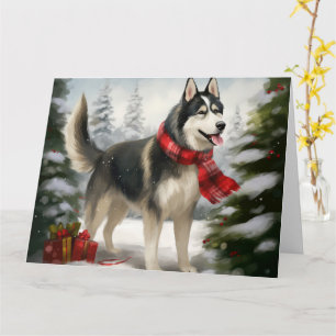 Carte Chien sibérien Husky à Noël de neige