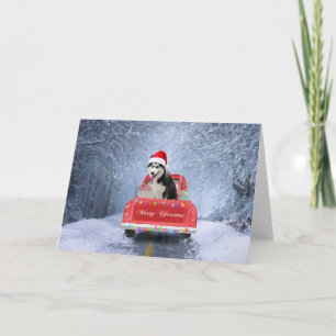 Carte Chien sibérien Husky en neige assis Camion de Noël