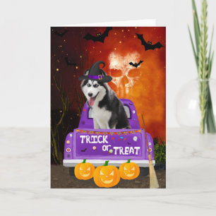 Carte Chien sibérien hussein dans un camion Halloween