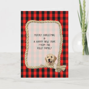 Carte Chien sur cadre de corde avec bûcheron de Noël