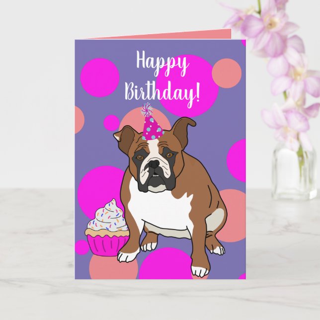 Carte Chien-taureau anglais personnalisable Anniversaire (Orchidée)