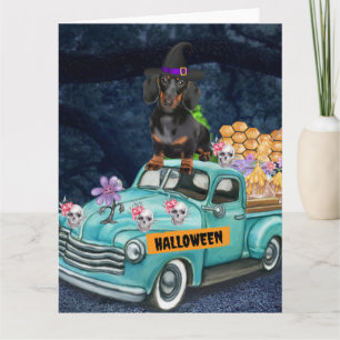 Carte Chien teckel Halloween camion nuit effrayante