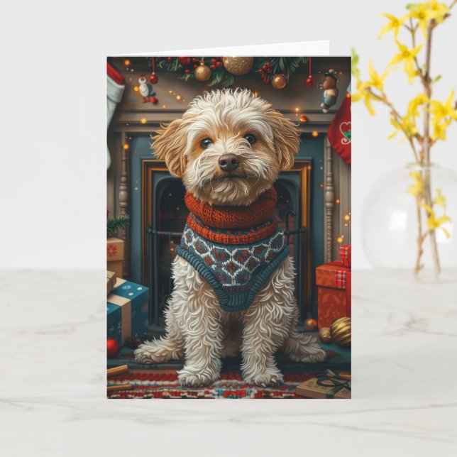 Carte Chien Tibétain Terrier Avec Foyer Cadeaux De Noël (Fleur jaune)