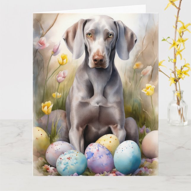 Carte Chien Weimaraner avec oeufs de Pâques vacances (Fleur jaune)