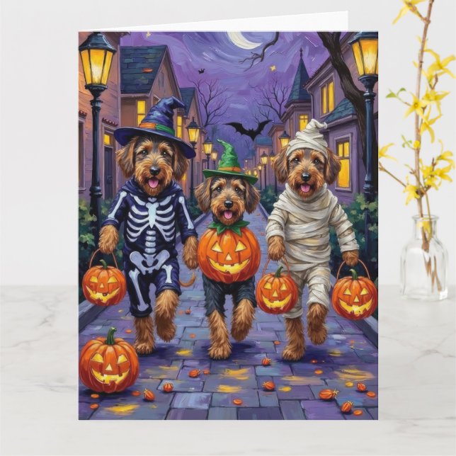 Carte Chiens Airedale Terrier Trick-or-Treating Hallowee (Fleur jaune)