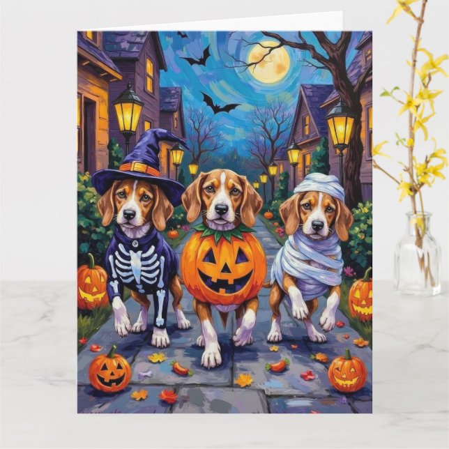 Carte Chiens beagles en costume d'Halloween (Fleur jaune)