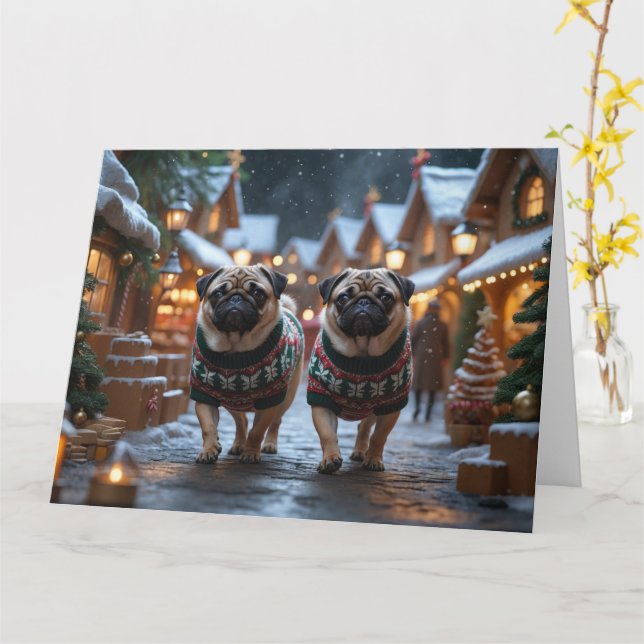 Carte Chiens carlins Noël Fête de la neige (Fleur jaune)