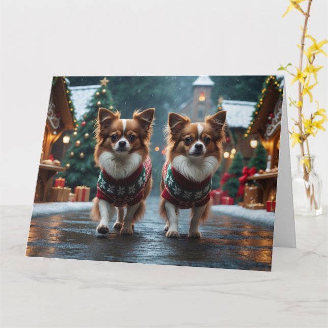 Carte Chiens de Papillon Noël Fête de la neige (Fleur jaune)