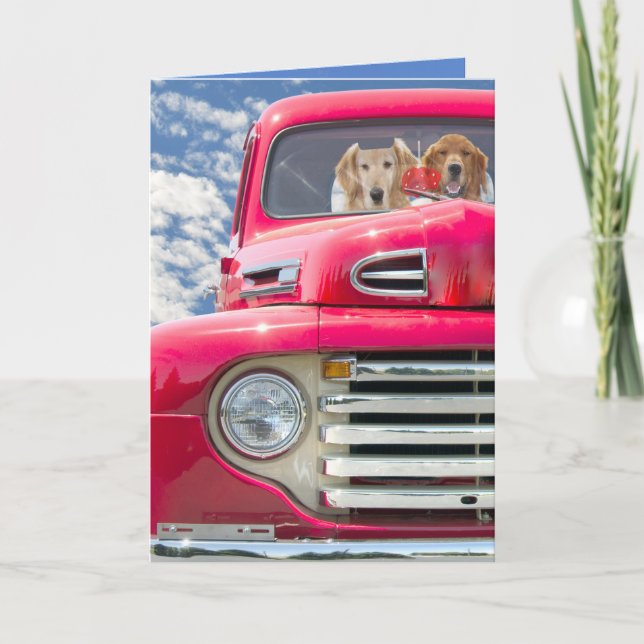 Carte chiens en camion rouge anniversaire (Devant)