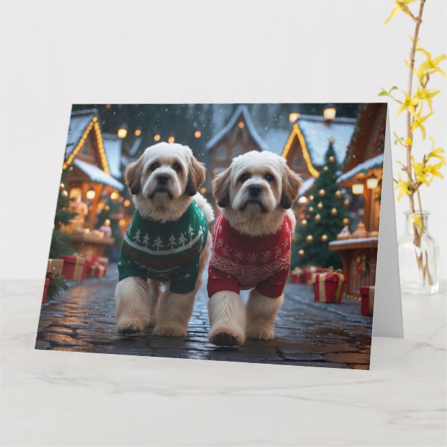 Carte Chiens Lhasa Apso Noël Neige Vacances (Fleur jaune)