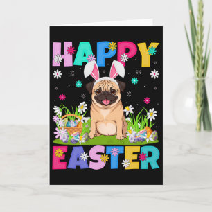 Carte Chiens Pug Joyeuses Pâques Chasse aux œufs Lapin O