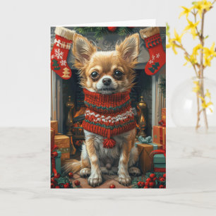 Carte Chihuahua Chien avec des cadeaux de Noël cheminée