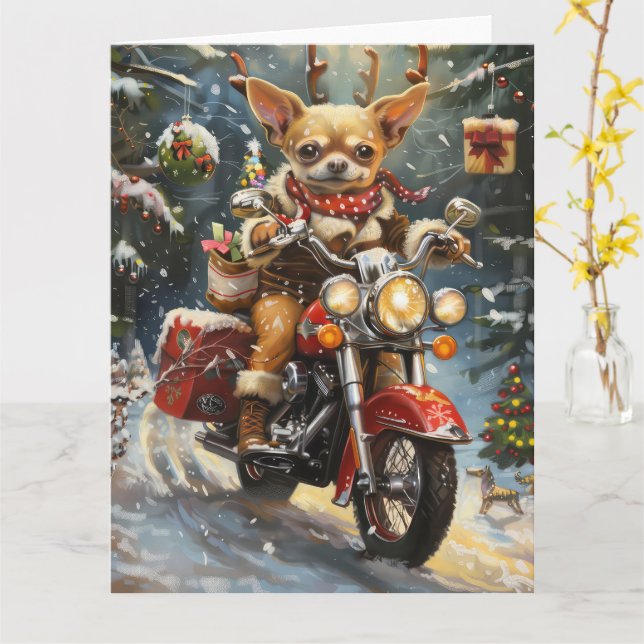 Carte Chihuahua Chien équitation moto Noël (Fleur jaune)