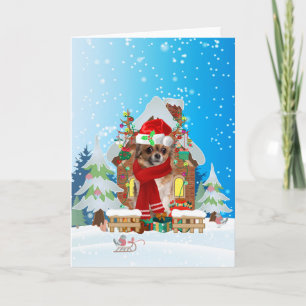 Carte Chihuahua dans la neige avec cadeaux de Noël