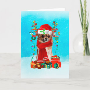 Carte Chihuahua dans la neige avec cadeaux de Noël