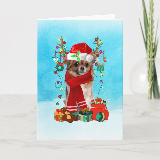 Carte Chihuahua dans la neige avec des cadeaux de Noël (Devant)