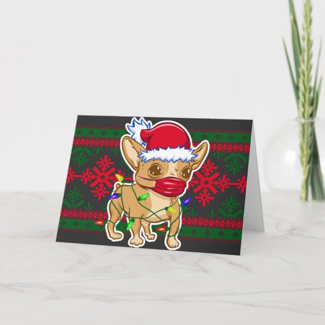 Carte Chihuahua de Noël portant un masque médical (Devant)