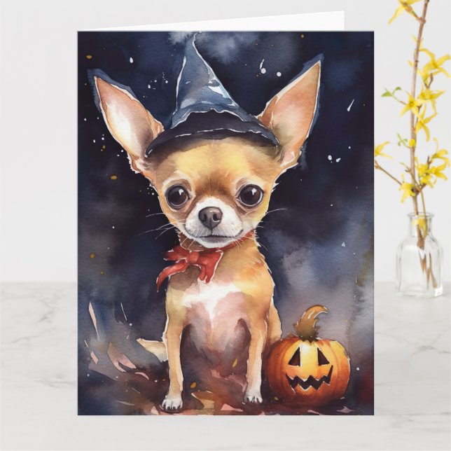Carte Chihuahua d'Halloween avec la peur Citrouille (Fleur jaune)
