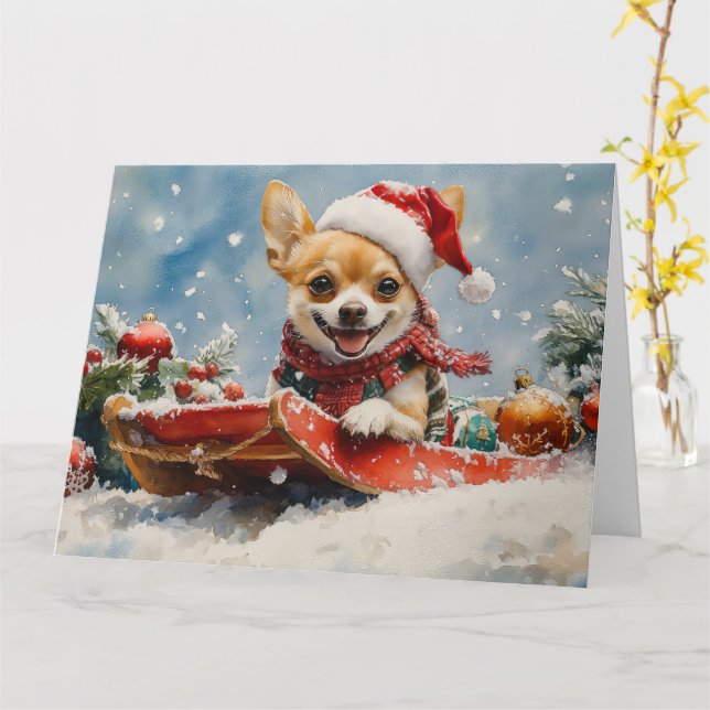 Carte Chihuahua Dog in Sledge Let it neiger Noël (Fleur jaune)