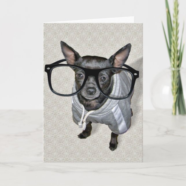 Carte Chihuahua noir avec lunettes Photo (Devant)