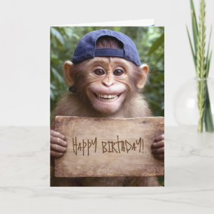 Carte Chimpanzé avec panneau d'anniversaire en bois