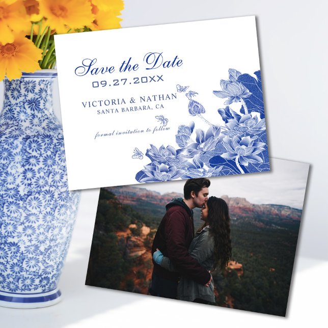 Carte Chinoiserie bleue avec mariage photo Enregistrer l (Créateur téléchargé)