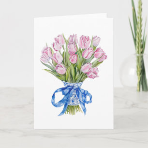 Carte Chinoiserie Blue Bow Tulips Fleurs Blank Greeting