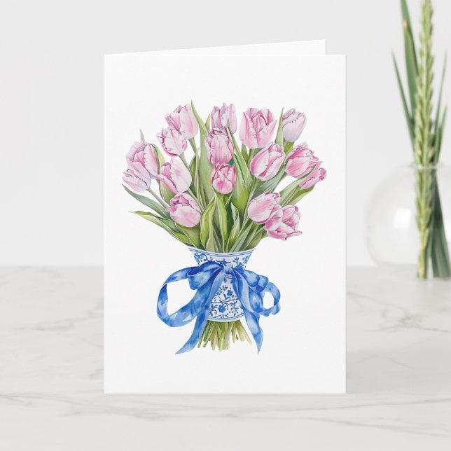 Carte Chinoiserie Blue Bow Tulips Fleurs Blank Greeting (Devant)