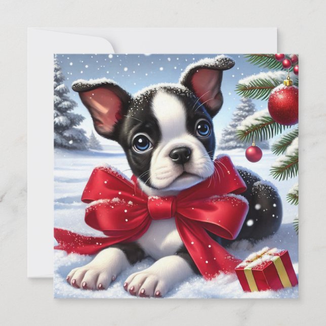 Carte Chiot avec Bow rouge sur la scène de Noël enneigée (Devant)