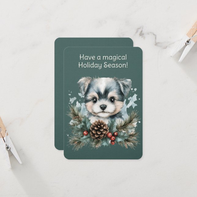 Carte Chiot Dans Une Guirlande De Noël (Devant/Arrière en situation)