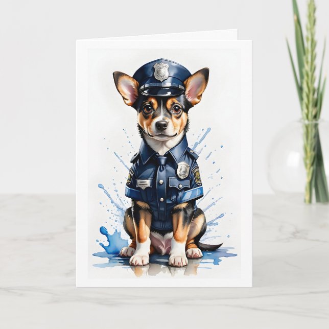 Carte Chiot mignon en uniforme de police aquarelle (Devant)