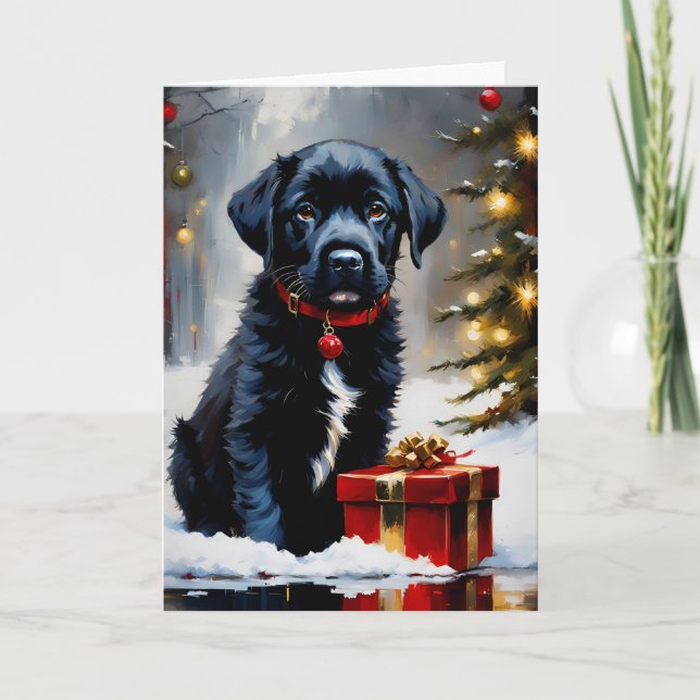 Carte Chiot Noir de Noël Avec Cadeau Rouge (Devant)