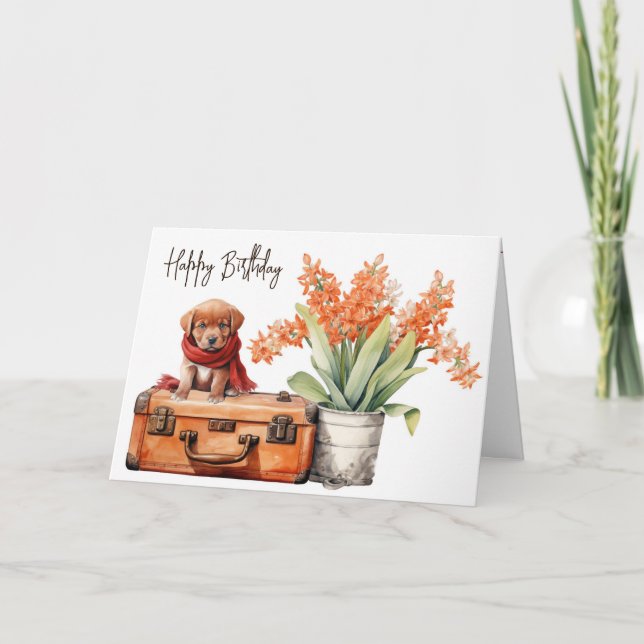 Carte Chiot Sur La Valise Pour Anniversaire (Devant)