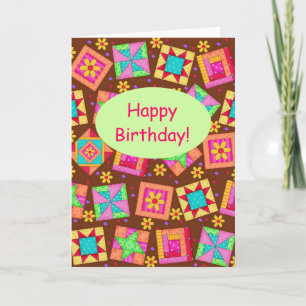Carte Chocolat Brown Patchwork Quilt Art Joyeux annivers